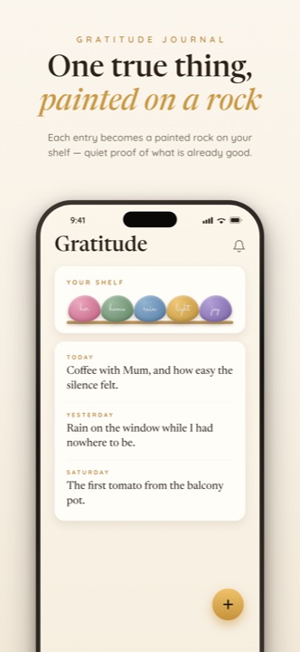 Gratitude journal — painted rocks on a keepsake shelf